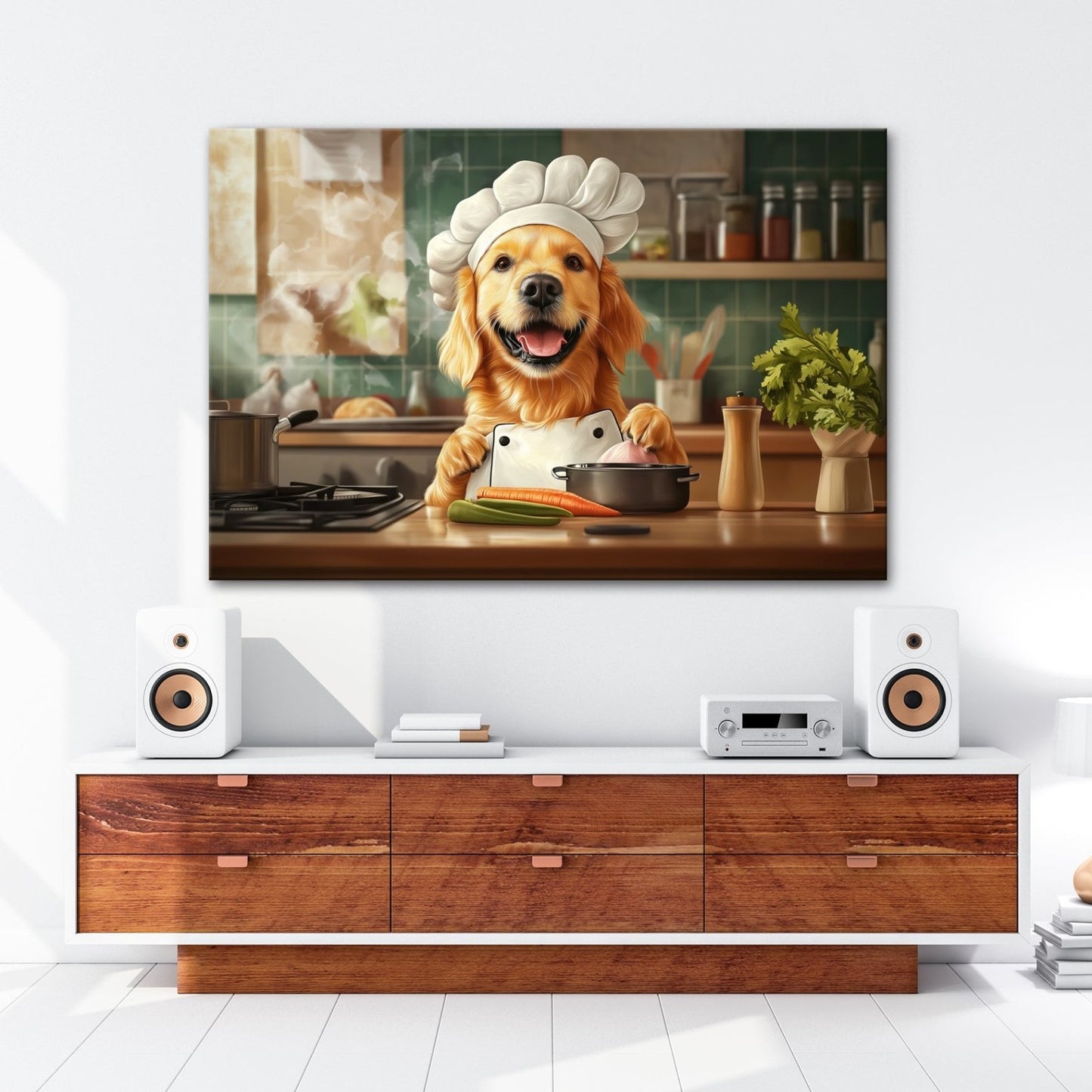 Leinwandbild Golden Retriever kocht mit Herz und guter Laune. - deyoli
