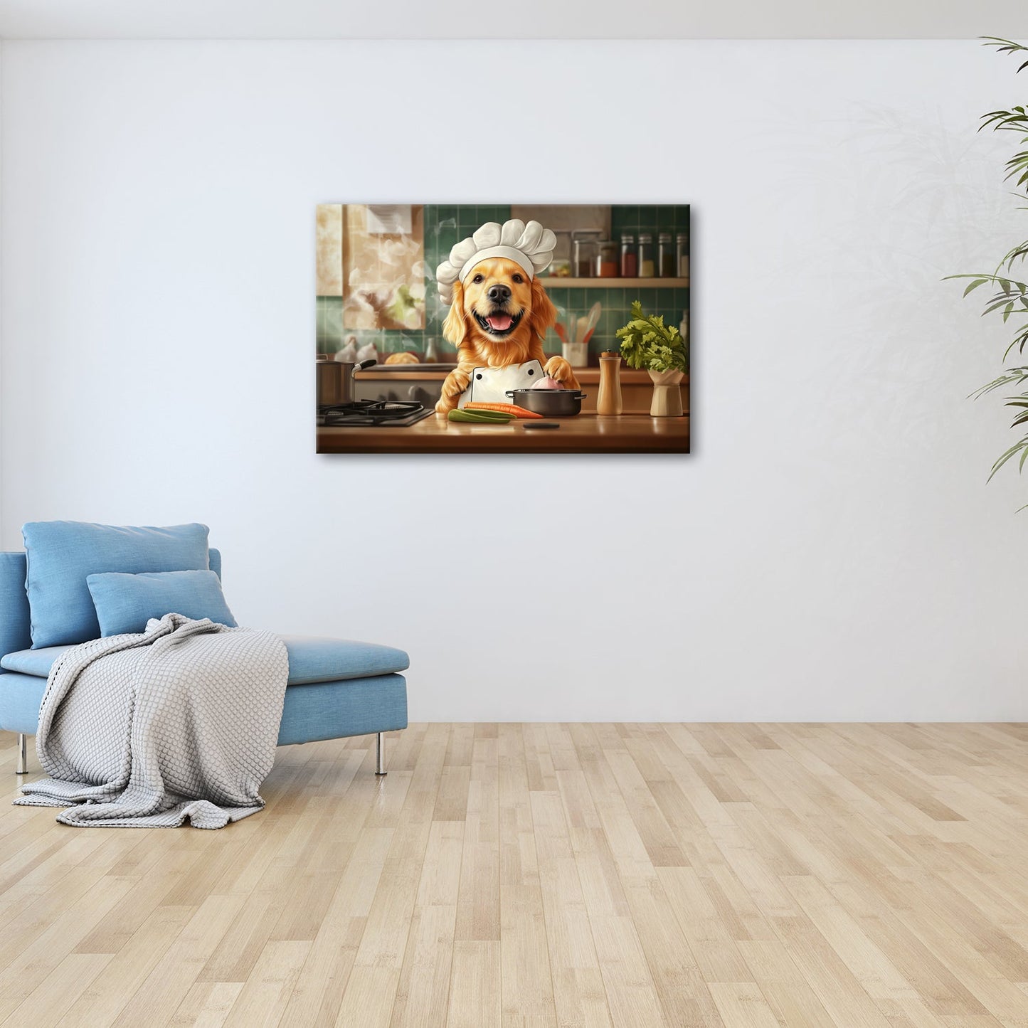 Leinwandbild Golden Retriever kocht mit Herz und guter Laune. - deyoli