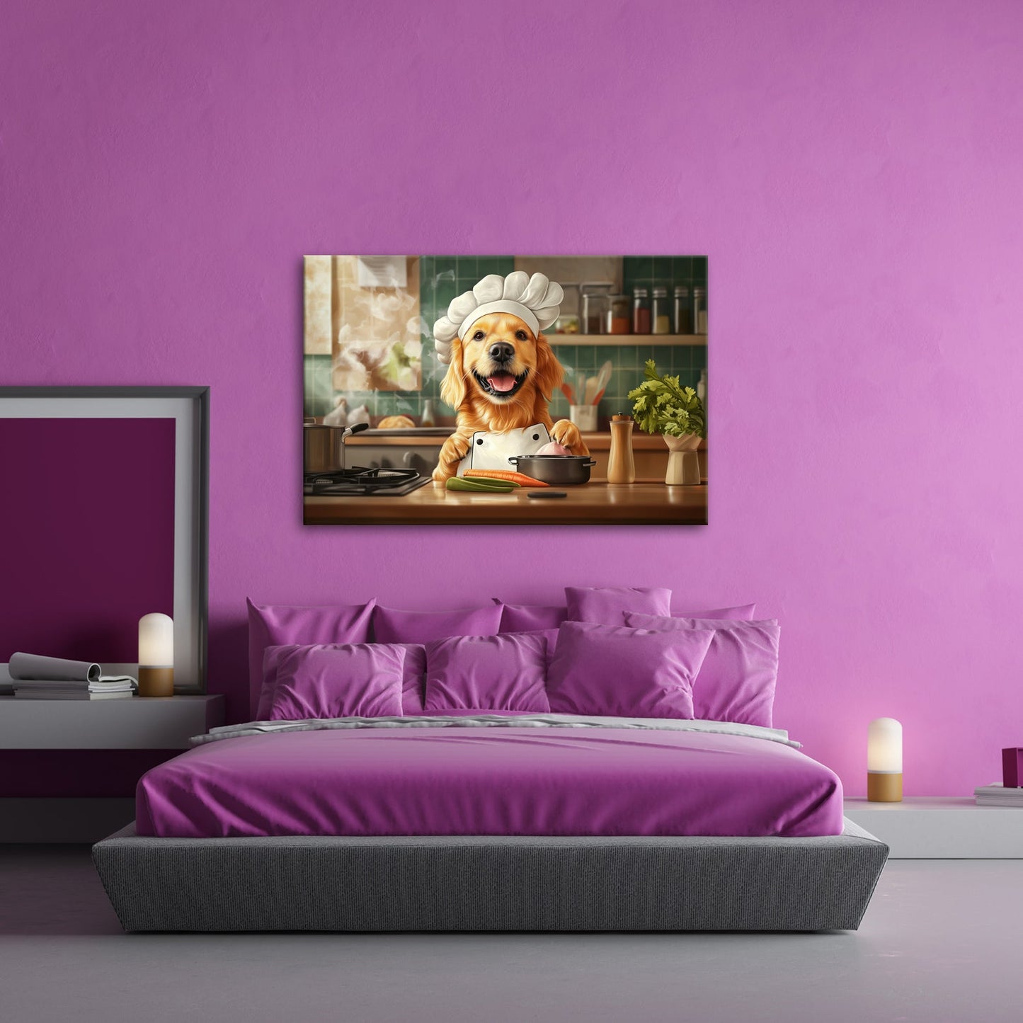 Leinwandbild Golden Retriever kocht mit Herz und guter Laune. - deyoli