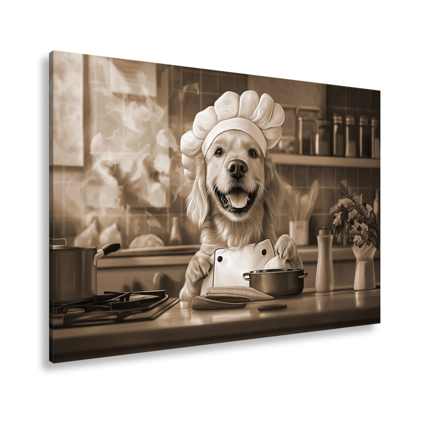 Leinwandbild Golden Retriever kocht mit Herz und guter Laune. - deyoli
