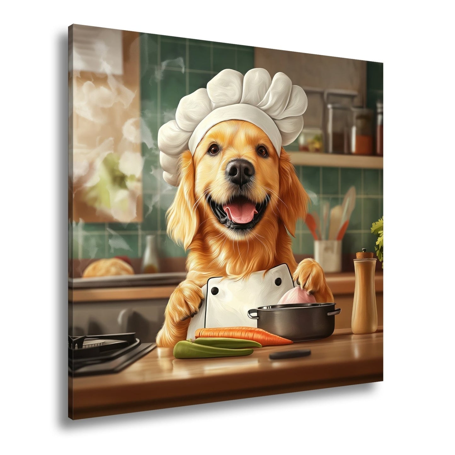 Leinwandbild Golden Retriever kocht mit Herz und guter Laune. - deyoli