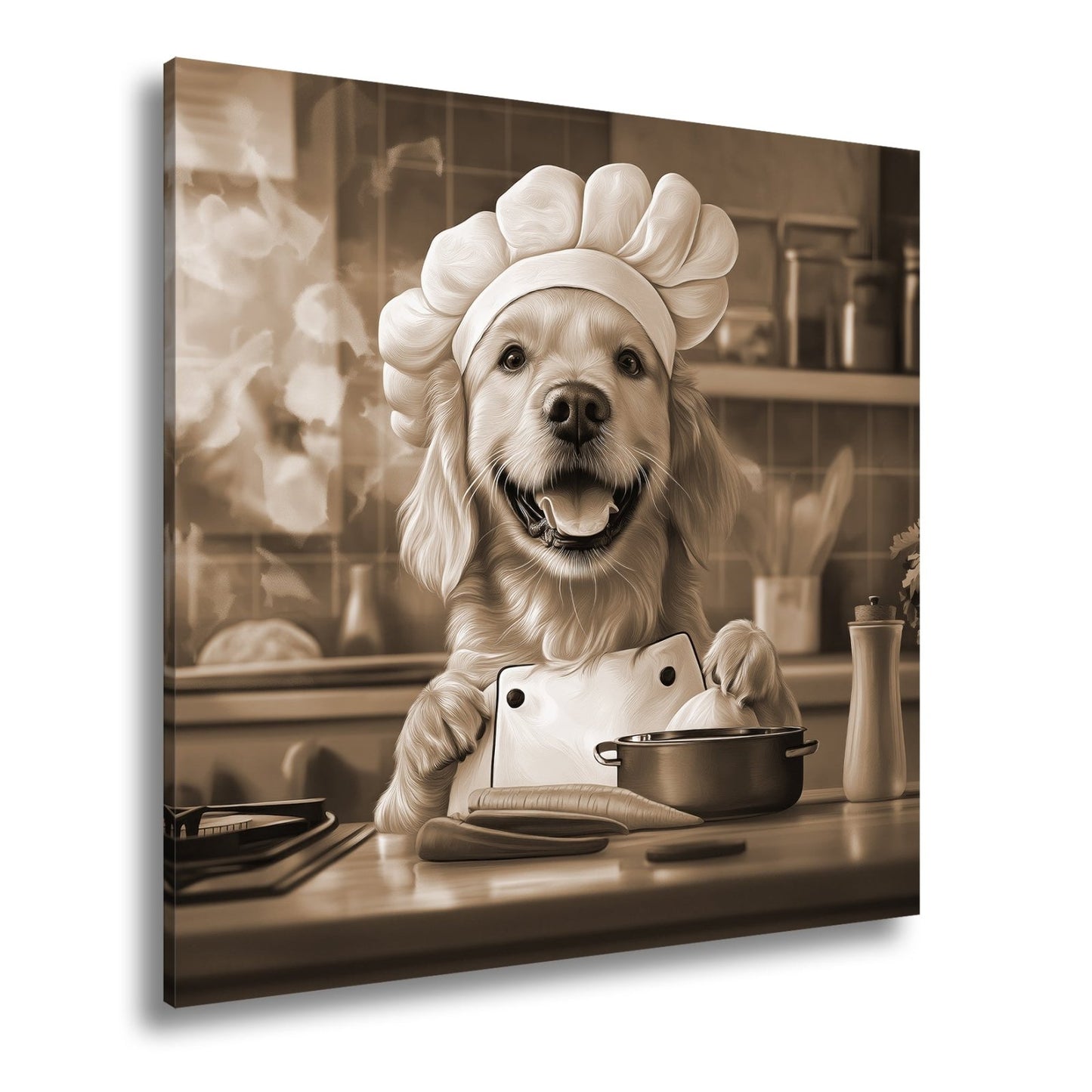 Leinwandbild Golden Retriever kocht mit Herz und guter Laune. - deyoli