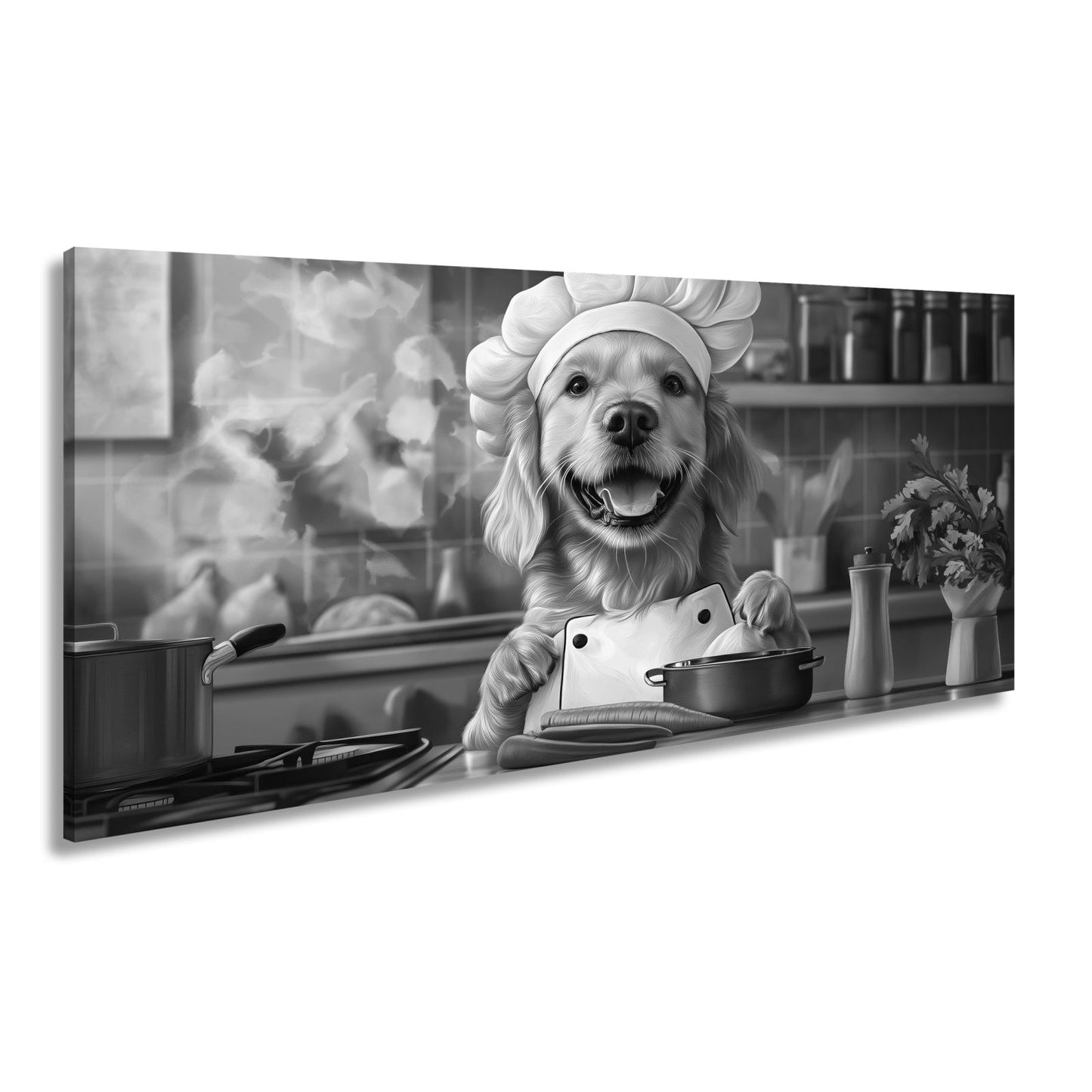 Leinwandbild Golden Retriever kocht mit Herz und guter Laune. - deyoli