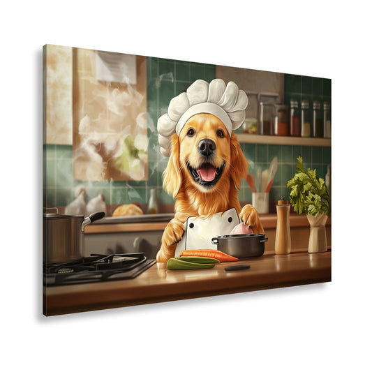 Leinwandbild Golden Retriever kocht mit Herz und guter Laune. - deyoli