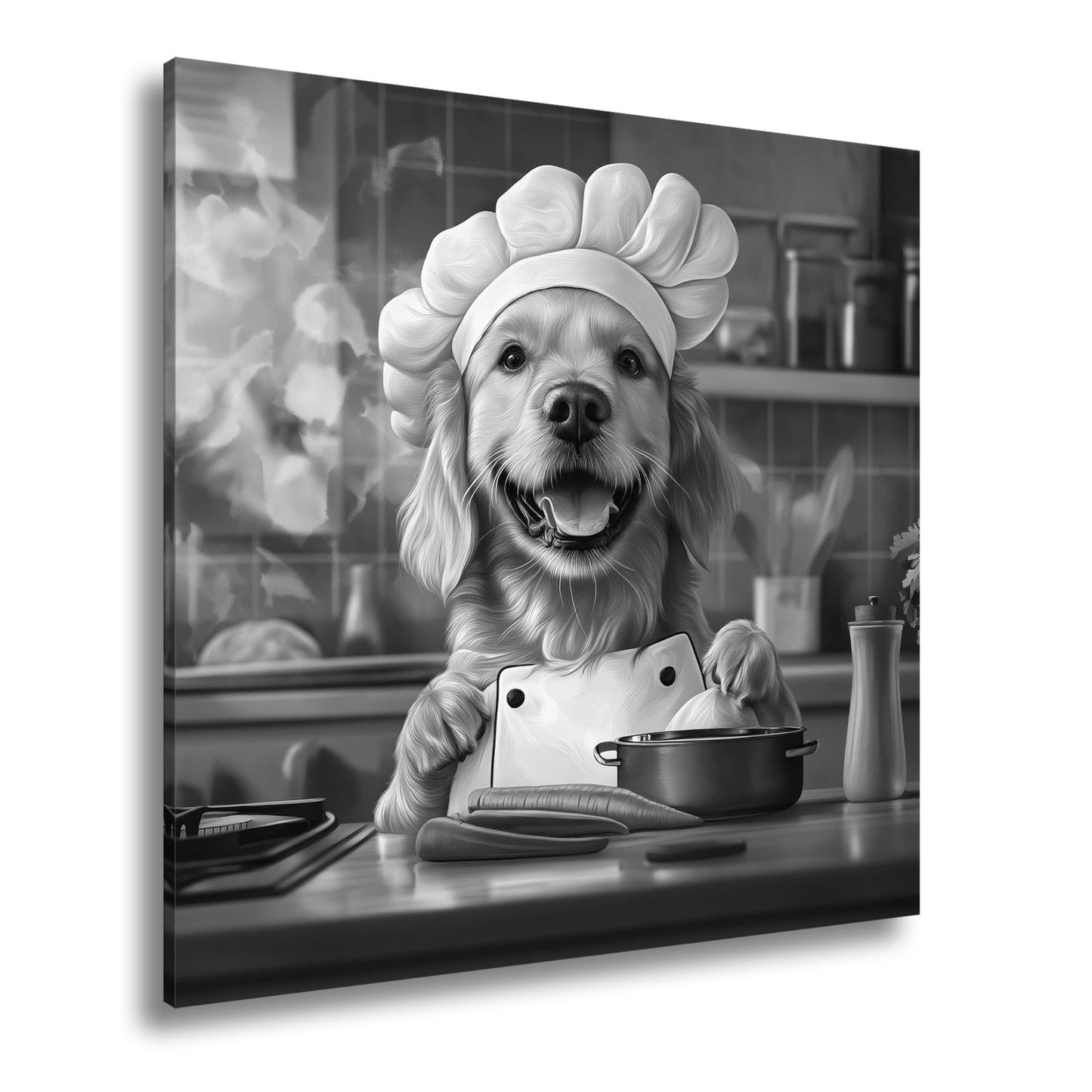 Leinwandbild Golden Retriever kocht mit Herz und guter Laune. - deyoli