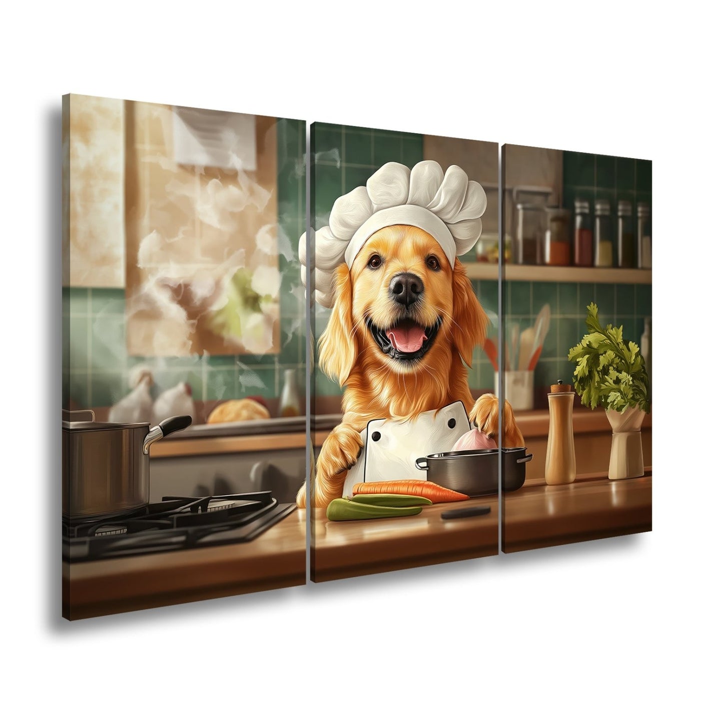 Leinwandbild Golden Retriever kocht mit Herz und guter Laune. - deyoli