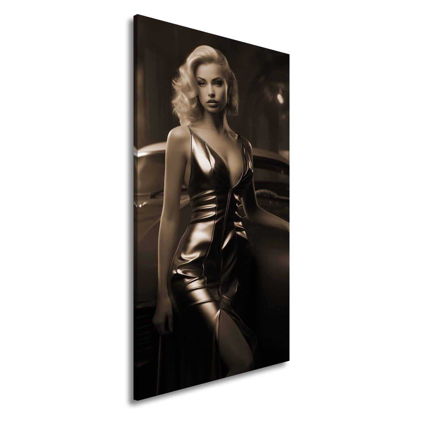 Leinwandbild Golden schimmernde Diva vor einem klassischen Traumwagen - deyoli