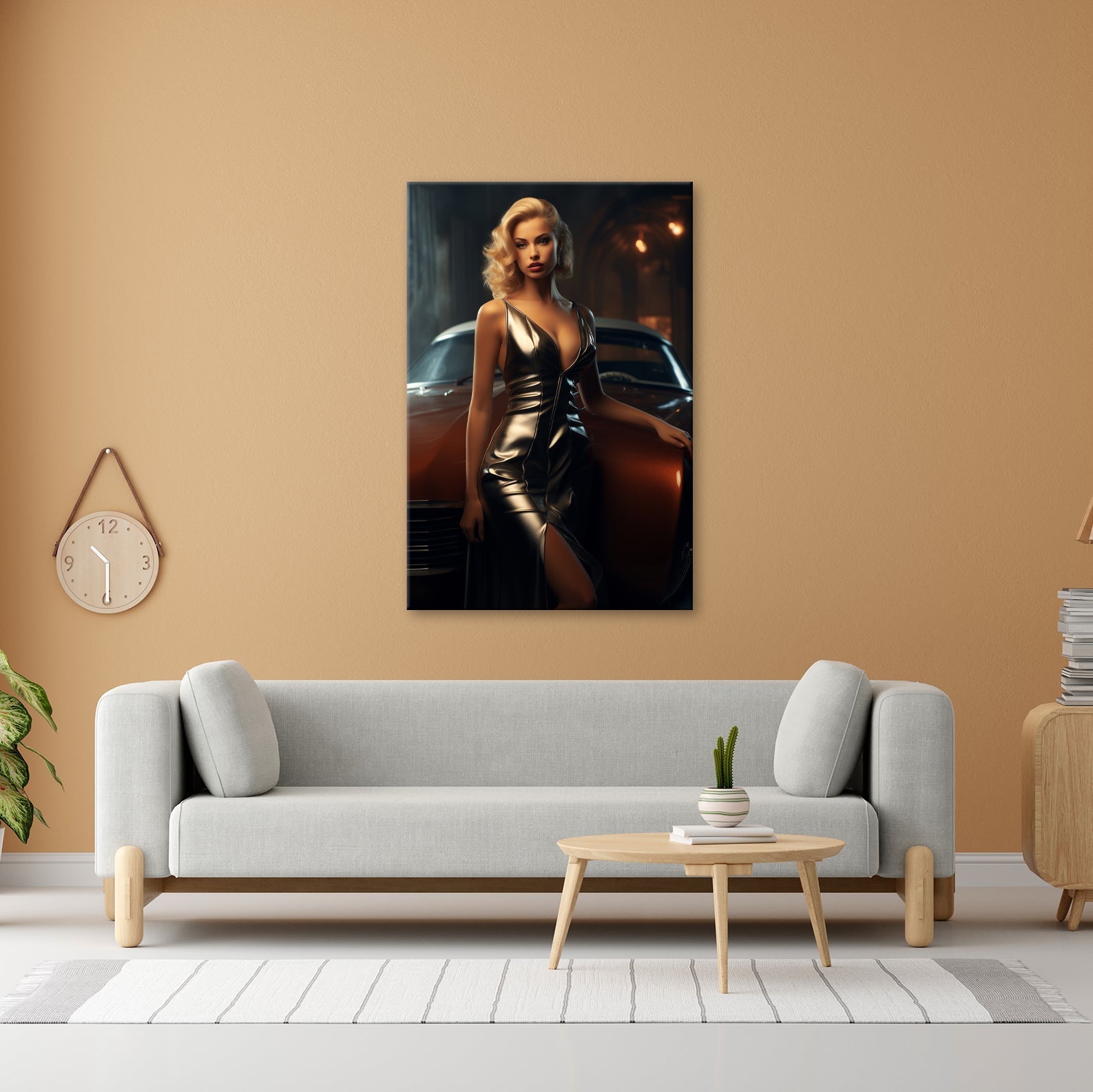 Leinwandbild Golden schimmernde Diva vor einem klassischen Traumwagen - deyoli