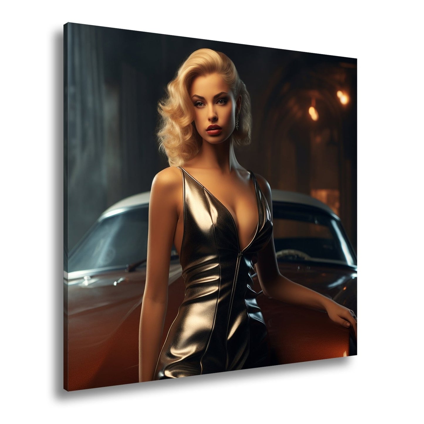 Leinwandbild Golden schimmernde Diva vor einem klassischen Traumwagen - deyoli