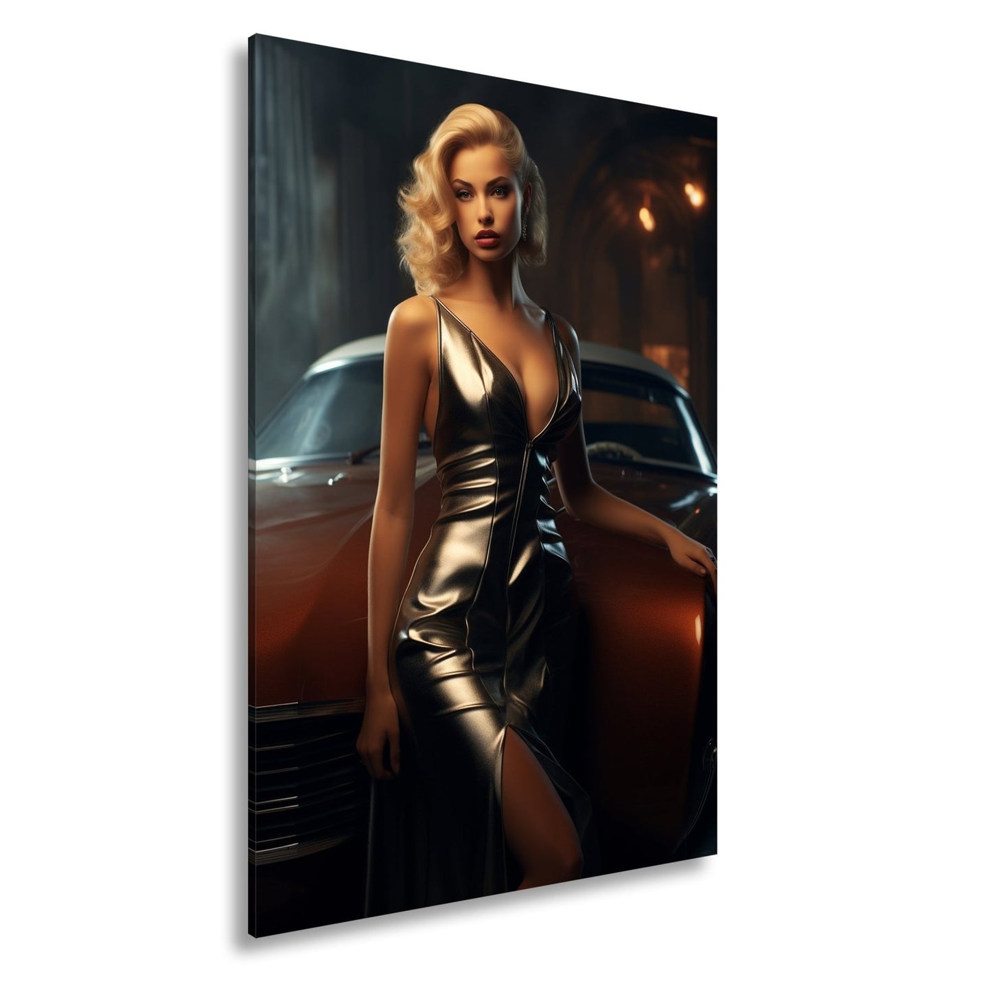 Leinwandbild Golden schimmernde Diva vor einem klassischen Traumwagen - deyoli