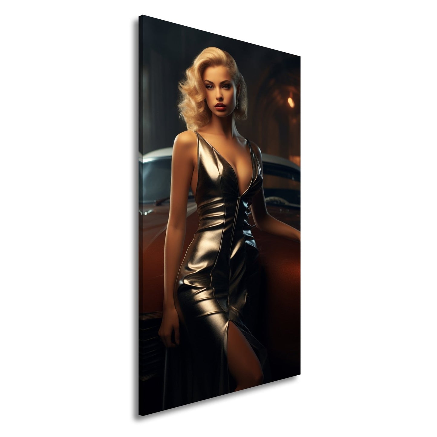 Leinwandbild Golden schimmernde Diva vor einem klassischen Traumwagen - deyoli