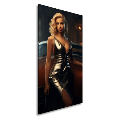 Leinwandbild Golden schimmernde Diva vor einem klassischen Traumwagen - deyoli