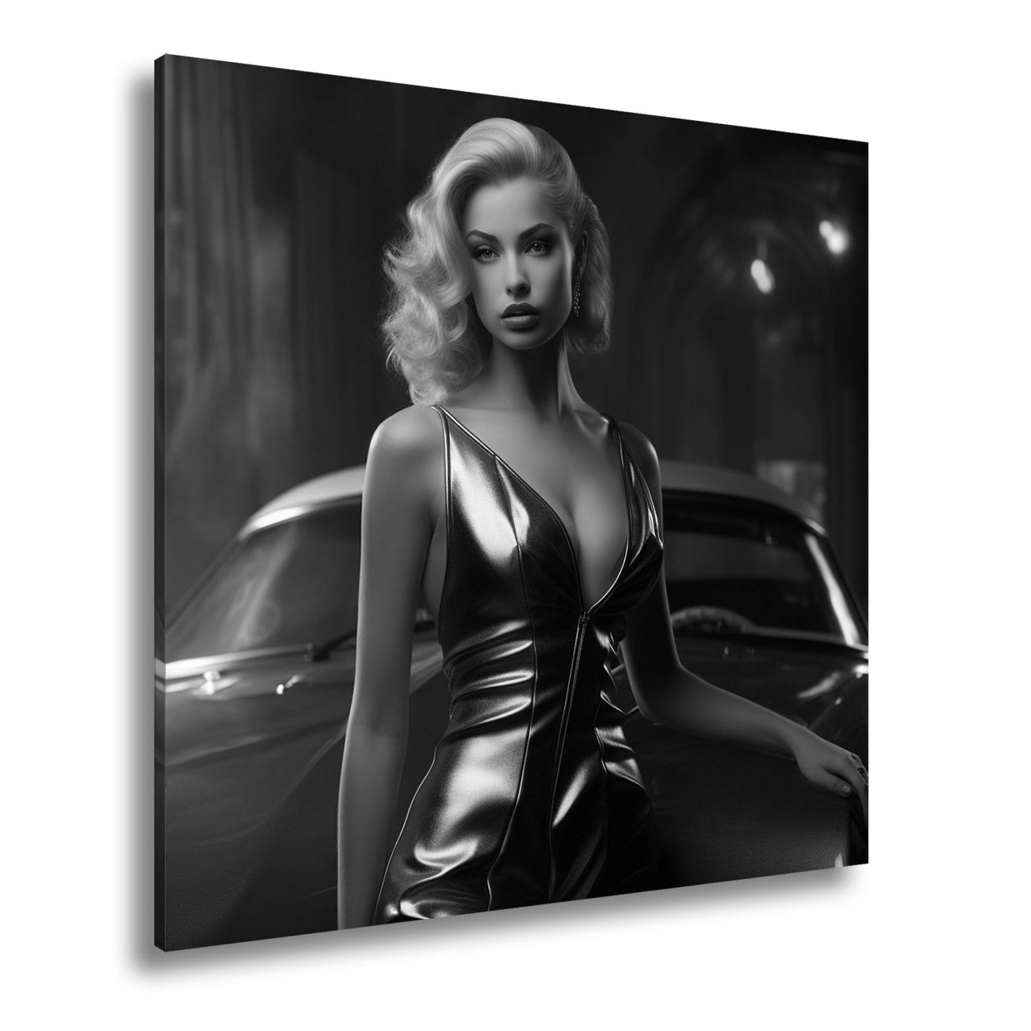 Leinwandbild Golden schimmernde Diva vor einem klassischen Traumwagen - deyoli