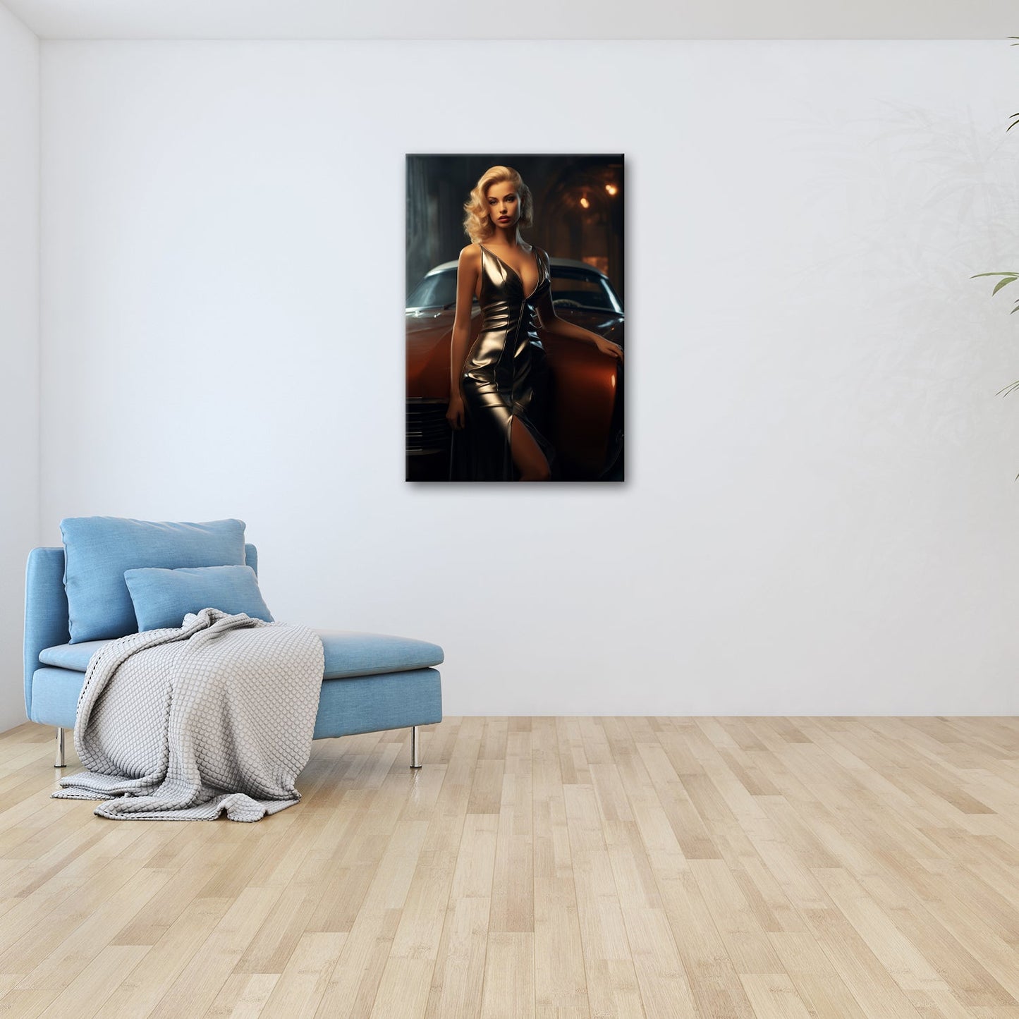 Leinwandbild Golden schimmernde Diva vor einem klassischen Traumwagen - deyoli