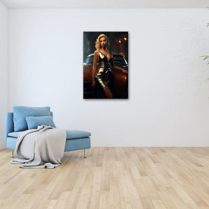 Leinwandbild Golden schimmernde Diva vor einem klassischen Traumwagen - deyoli
