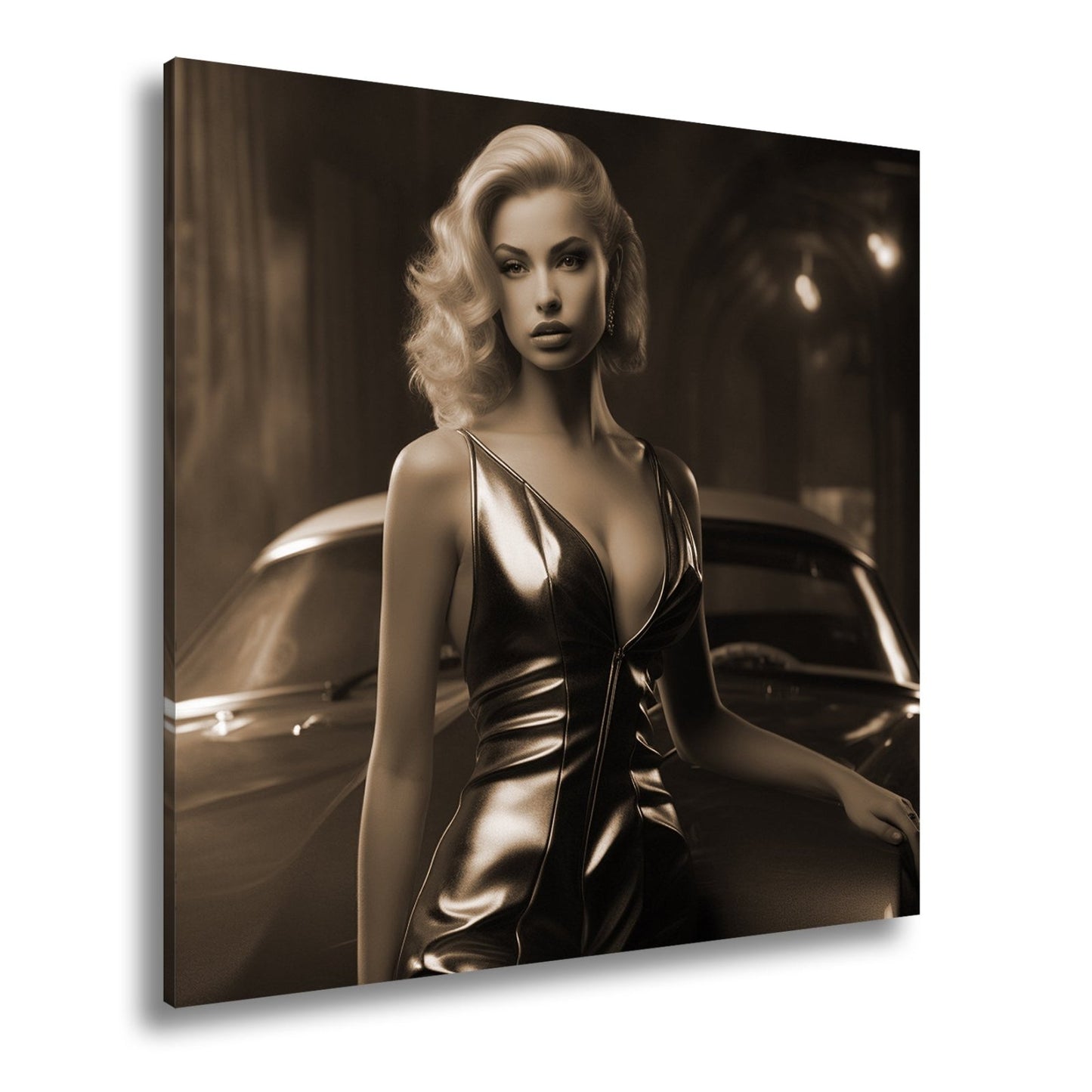 Leinwandbild Golden schimmernde Diva vor einem klassischen Traumwagen - deyoli