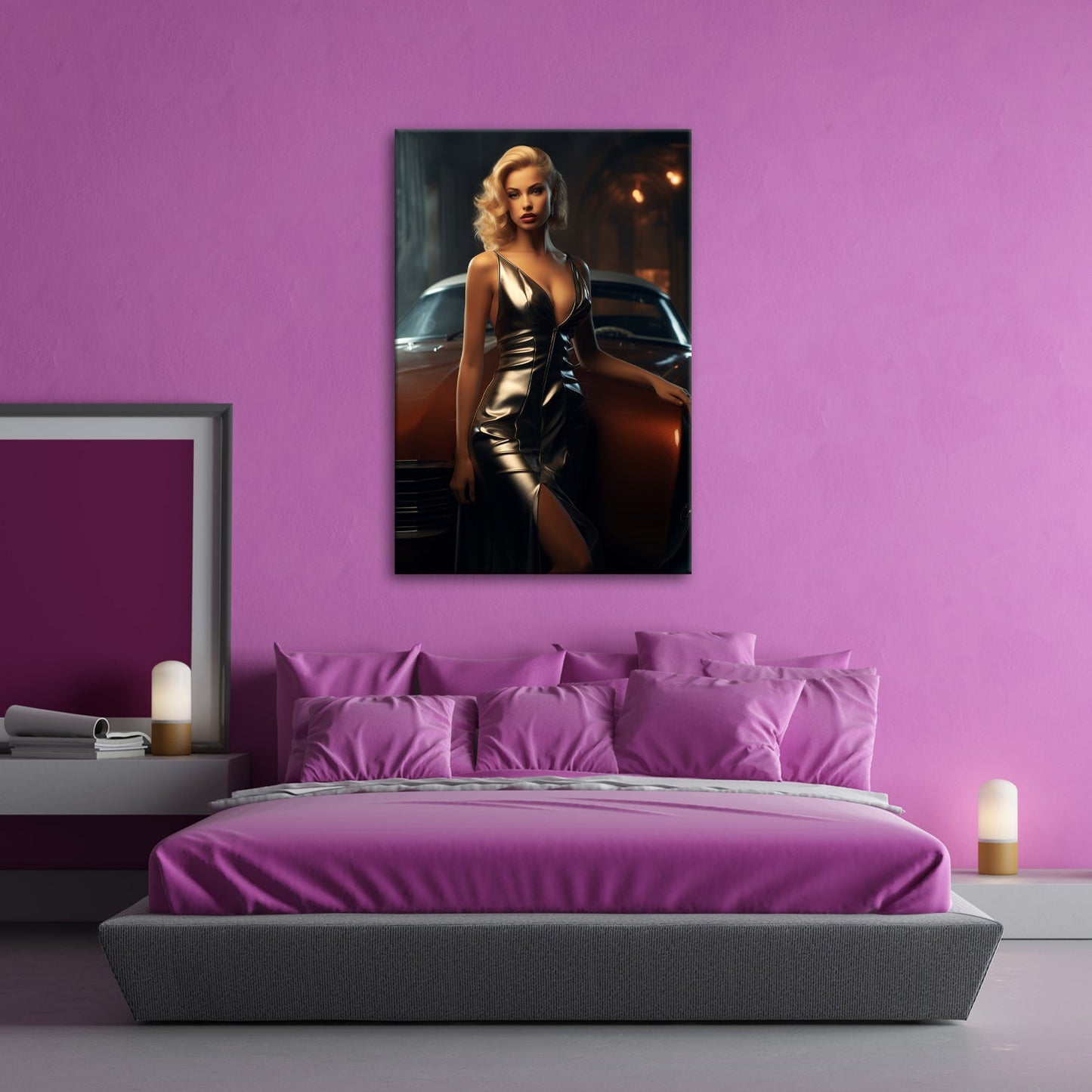 Leinwandbild Golden schimmernde Diva vor einem klassischen Traumwagen - deyoli
