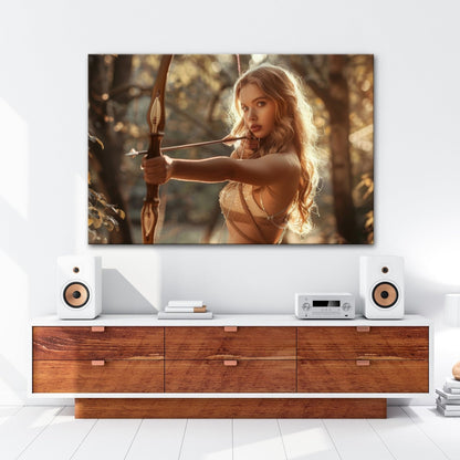 Leinwandbild Goldene Bogenschützin trifft mit ruhiger Eleganz - deyoli