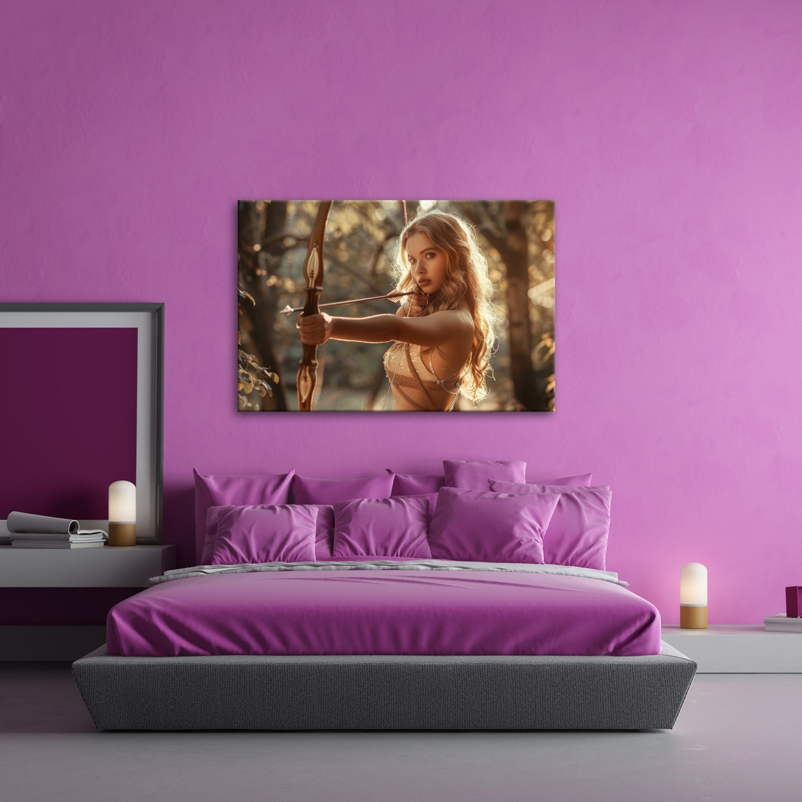 Leinwandbild Goldene Bogenschützin trifft mit ruhiger Eleganz - deyoli