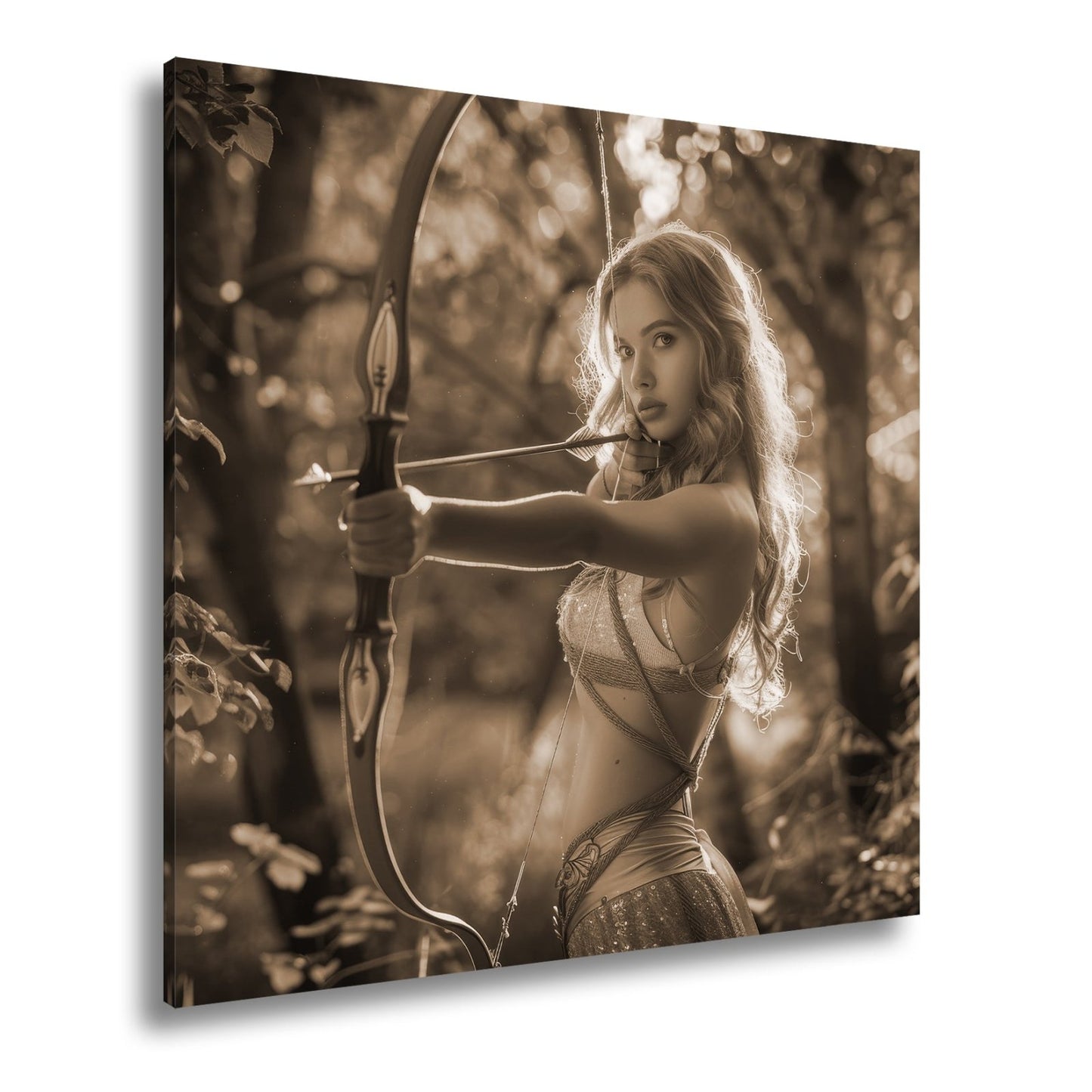 Leinwandbild Goldene Bogenschützin trifft mit ruhiger Eleganz - deyoli