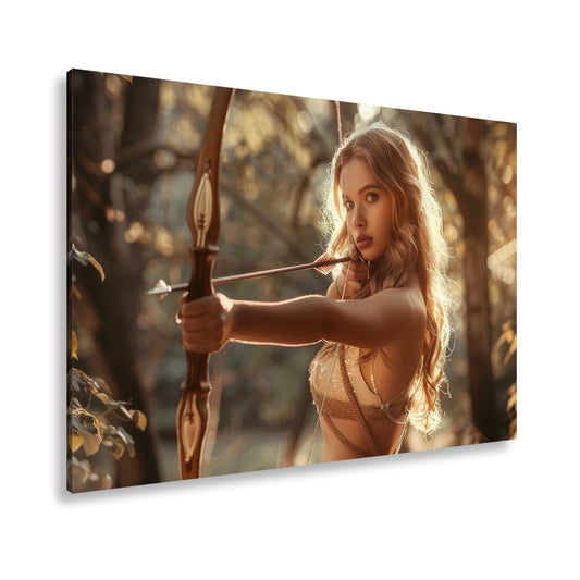 Leinwandbild Goldene Bogenschützin trifft mit ruhiger Eleganz - deyoli