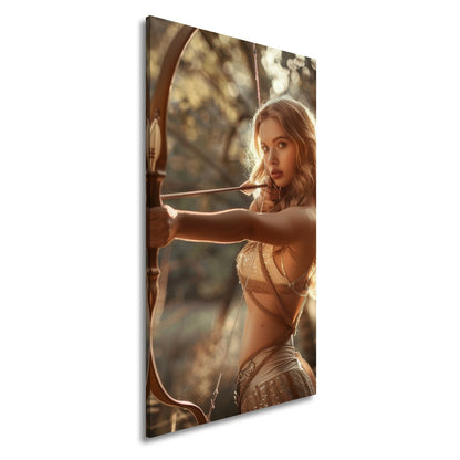 Leinwandbild Goldene Bogenschützin trifft mit ruhiger Eleganz - deyoli