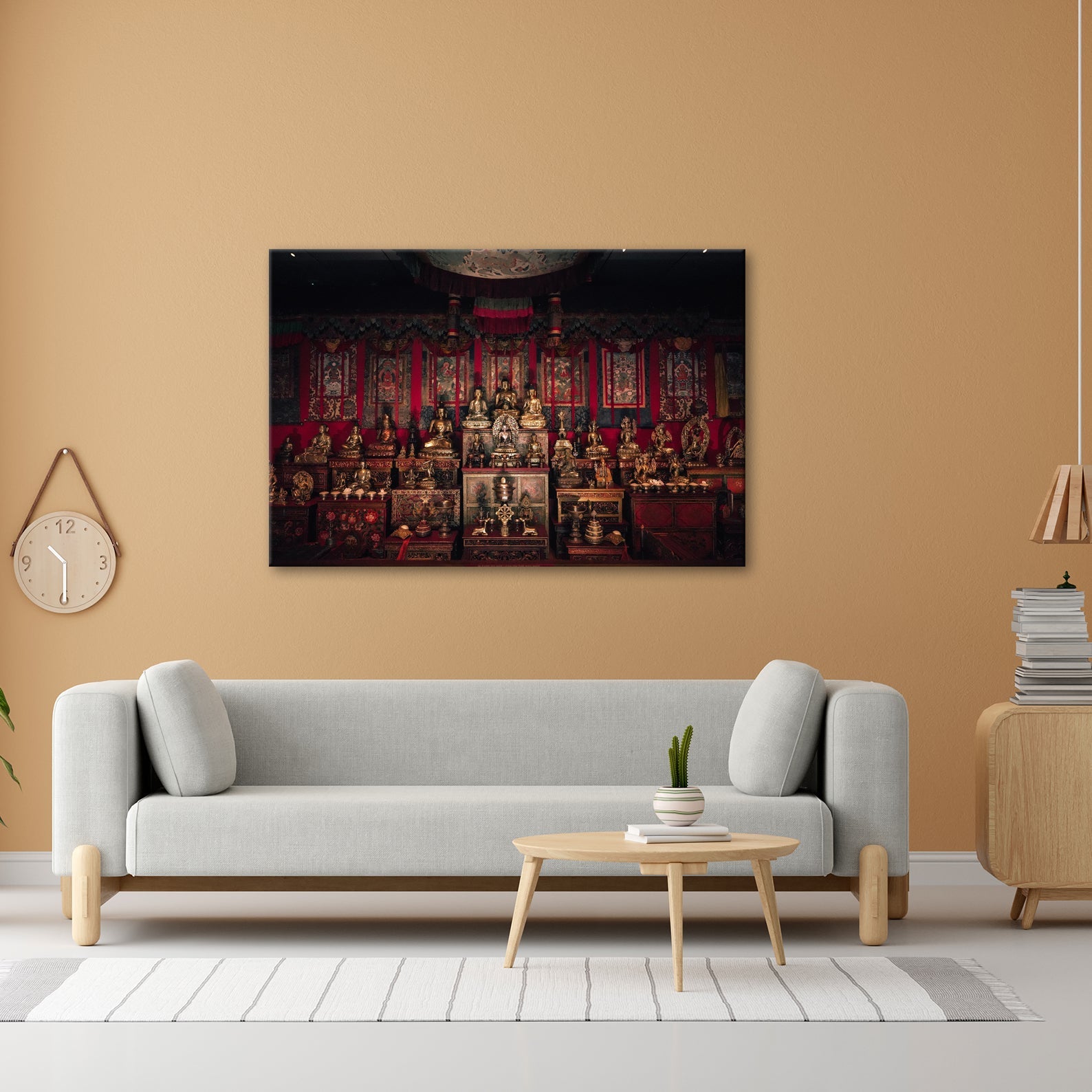 Leinwandbild Goldene Buddhas thronen in einem Meer aus rotem Samt. - deyoli