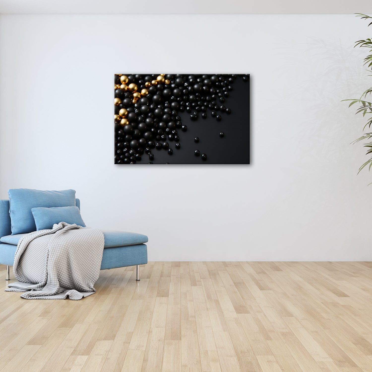 Leinwandbild Goldene Kugeln glänzen im Meer aus tiefem Schwarz - deyoli