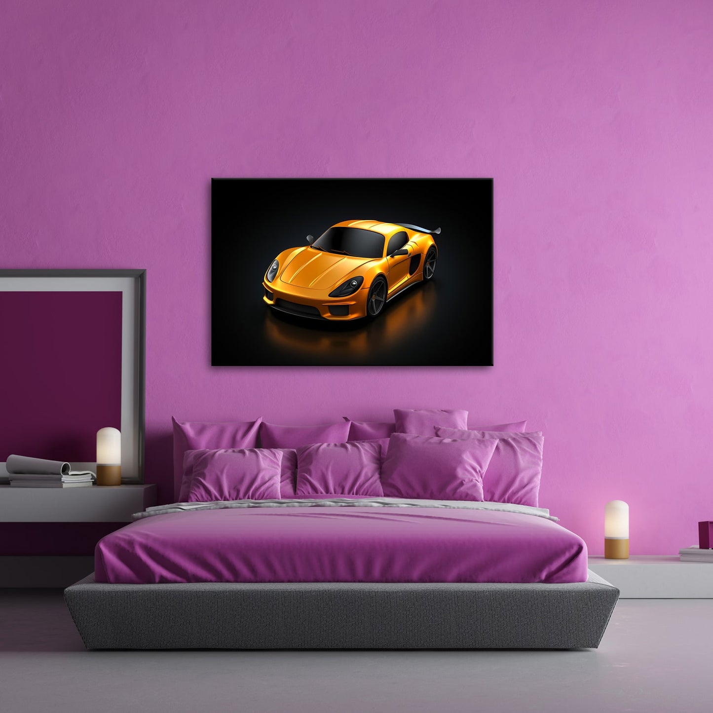 Leinwandbild Goldene Kurven auf schwarzem Asphalt XXL – Auto Wandbild Luxus - deyoli