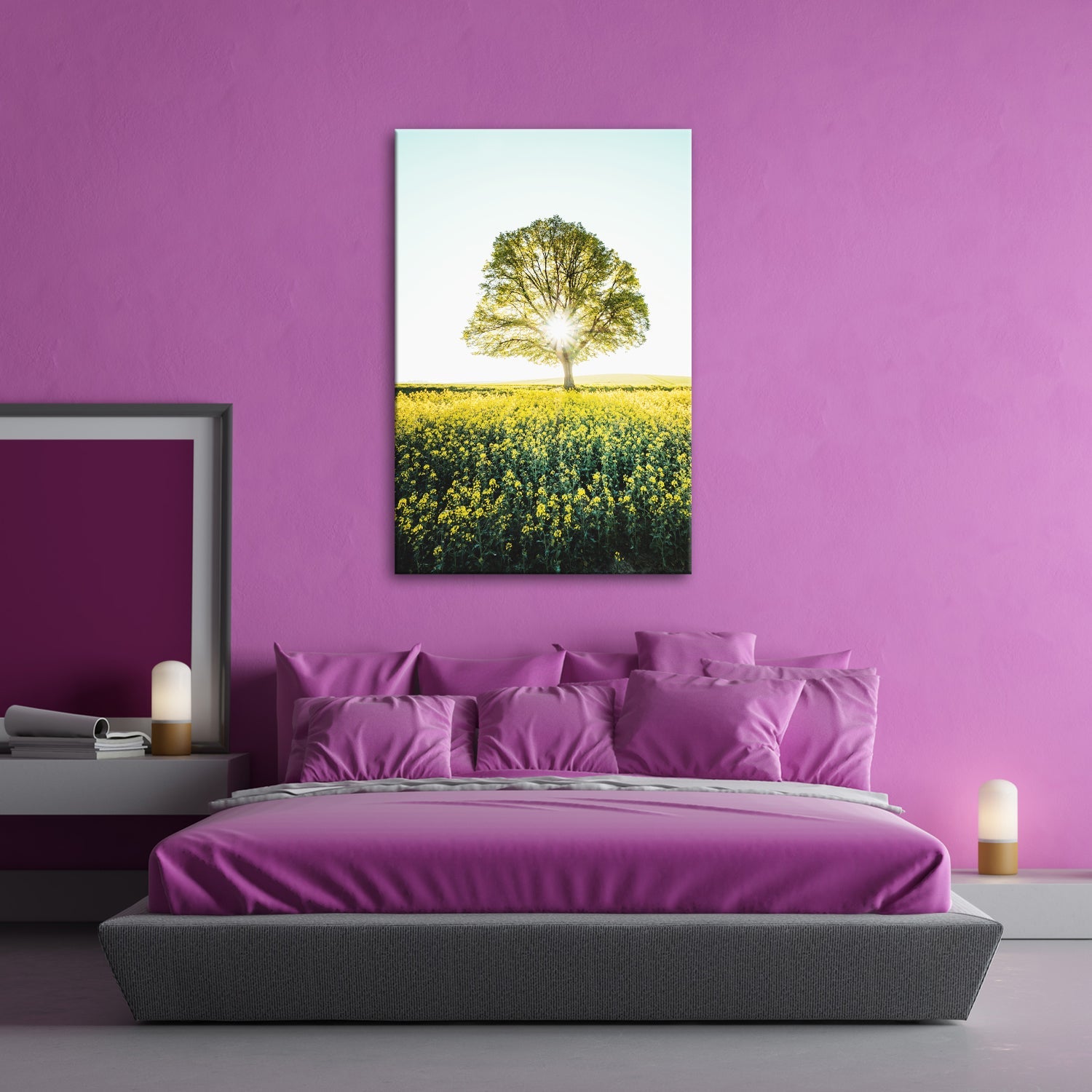 Leinwandbild Goldene Sonne küsst den Baum im Meer aus Blüten. - deyoli