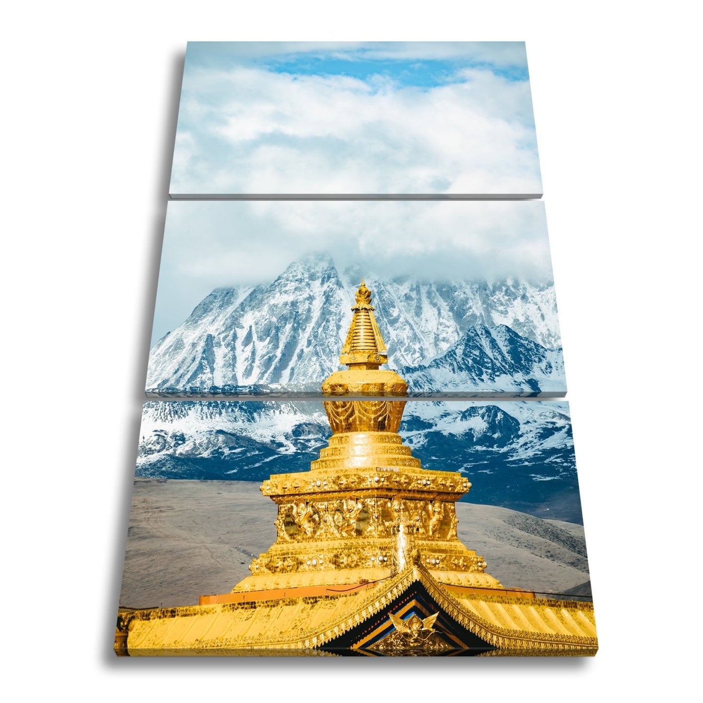 Leinwandbild Goldene Stupa glänzt vor eisiger Bergpracht im Himmelstor. - deyoli