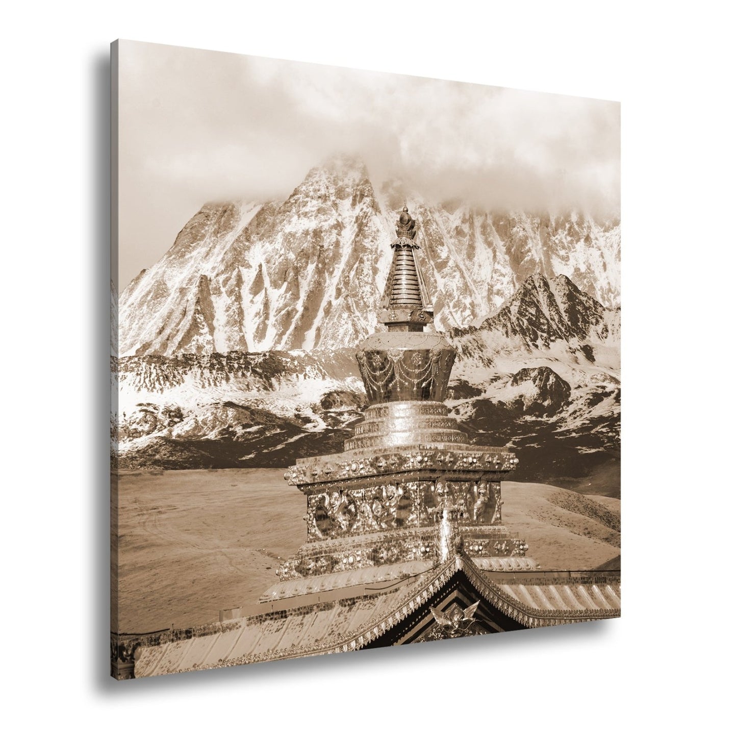 Leinwandbild Goldene Stupa glänzt vor eisiger Bergpracht im Himmelstor. - deyoli