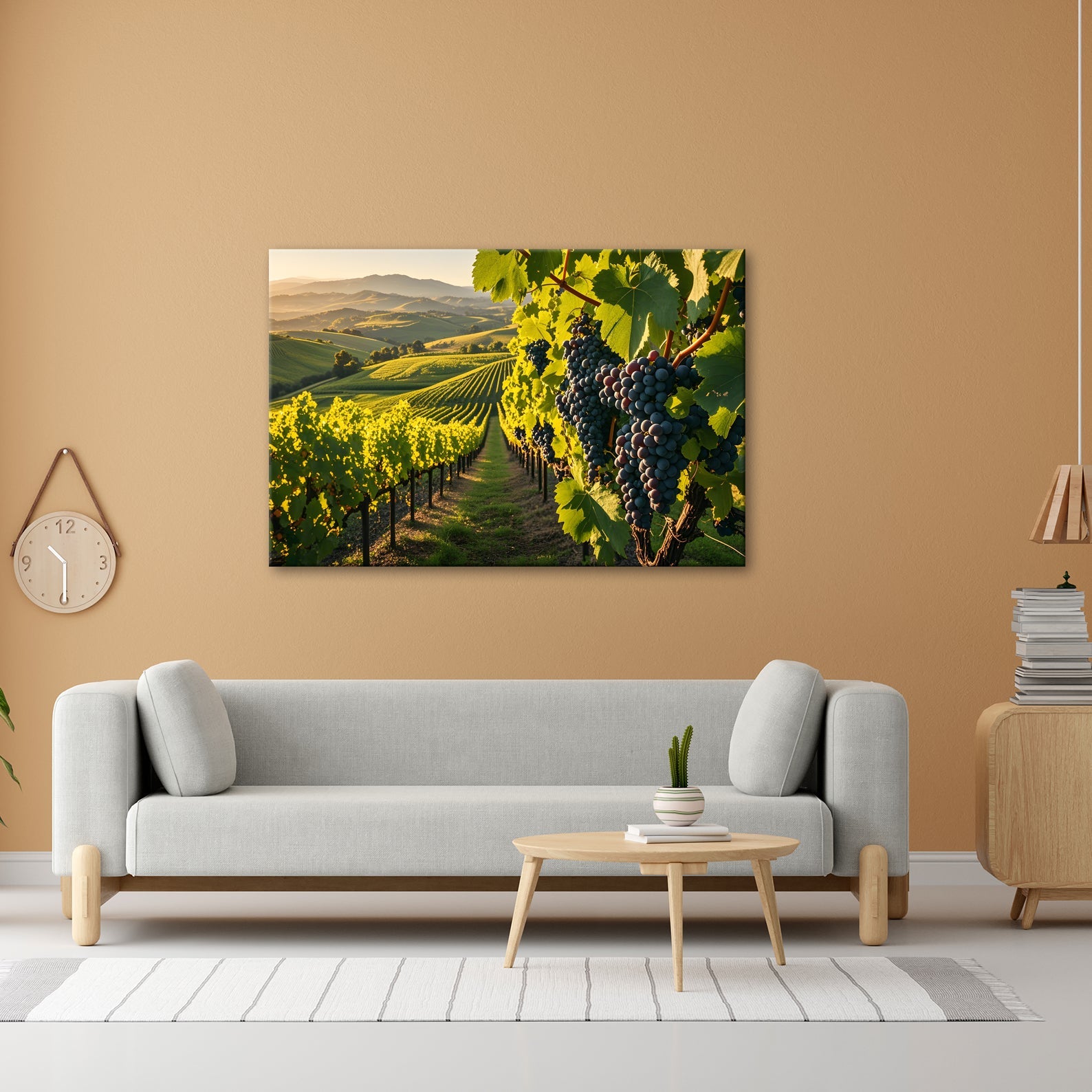 Leinwandbild Goldene Weinreben rollen über sonnige Hügel - deyoli