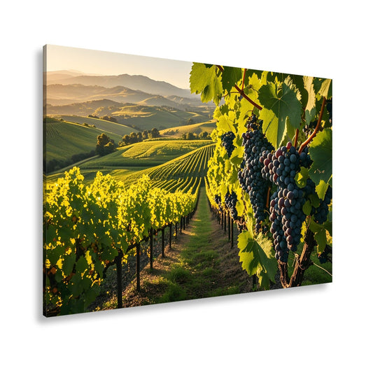 Leinwandbild Goldene Weinreben rollen über sonnige Hügel - deyoli