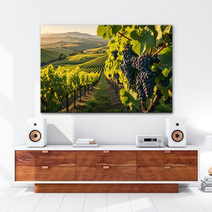 Leinwandbild Goldene Weinreben rollen über sonnige Hügel - deyoli