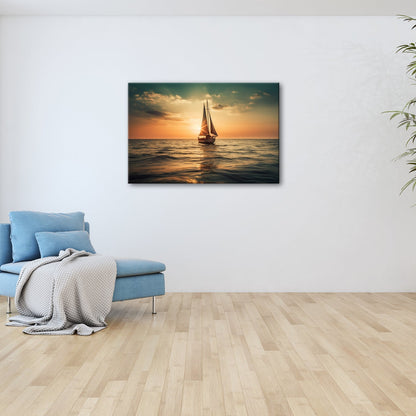 Leinwandbild Goldene Wellen tragen das Boot ins Licht des Abends. - deyoli