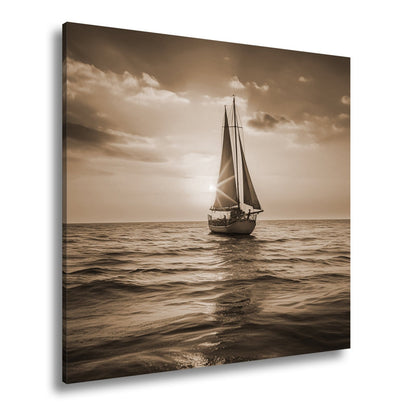 Leinwandbild Goldene Wellen tragen das Boot ins Licht des Abends. - deyoli