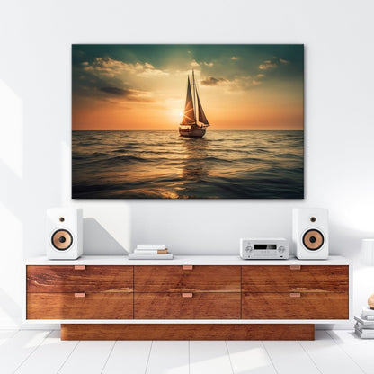 Leinwandbild Goldene Wellen tragen das Boot ins Licht des Abends. - deyoli
