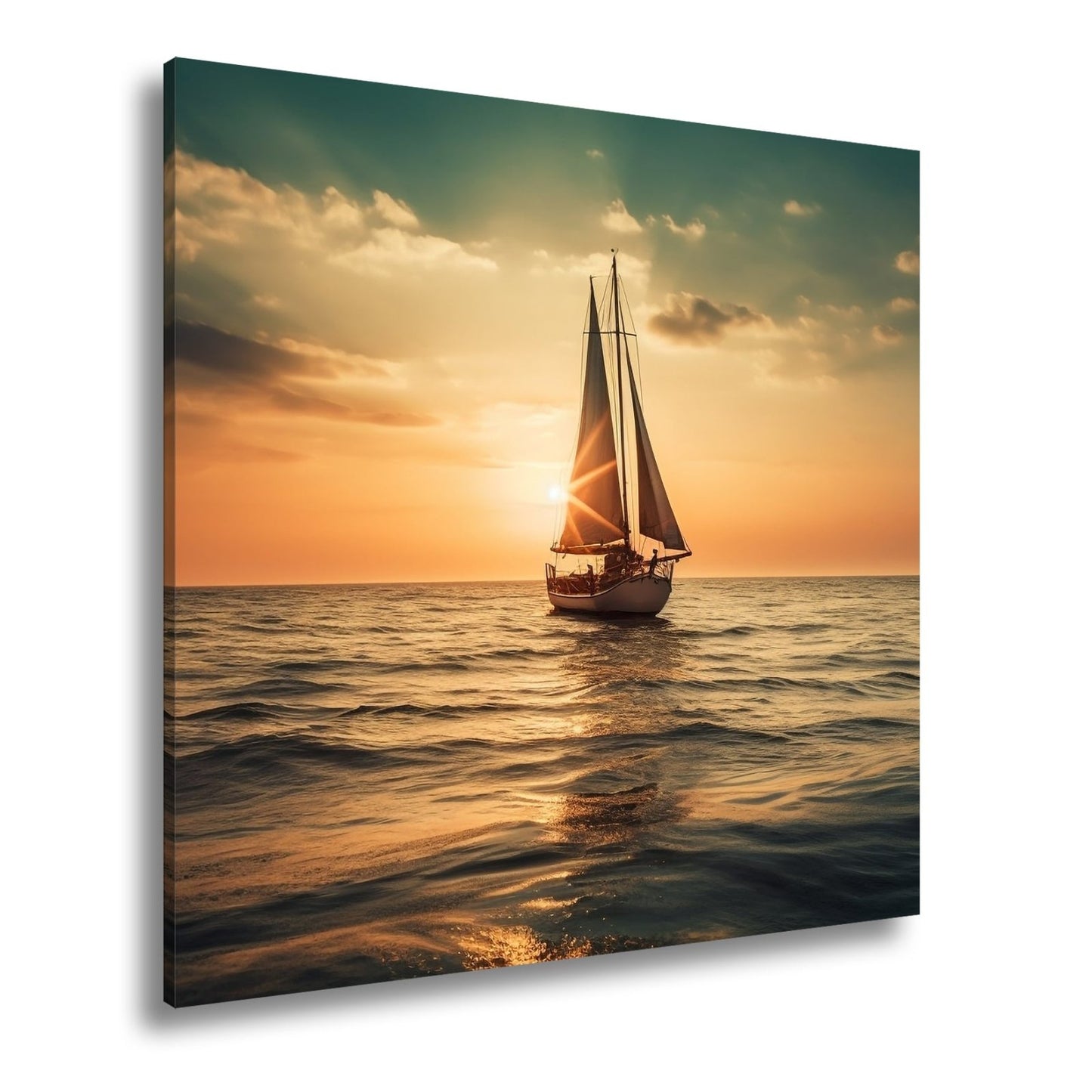 Leinwandbild Goldene Wellen tragen das Boot ins Licht des Abends. - deyoli