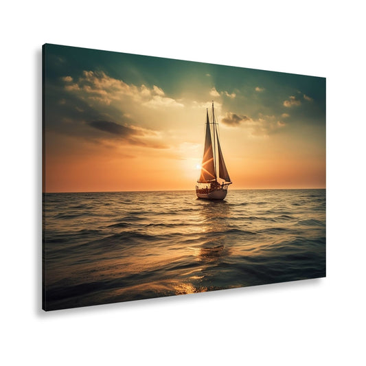 Leinwandbild Goldene Wellen tragen das Boot ins Licht des Abends. - deyoli