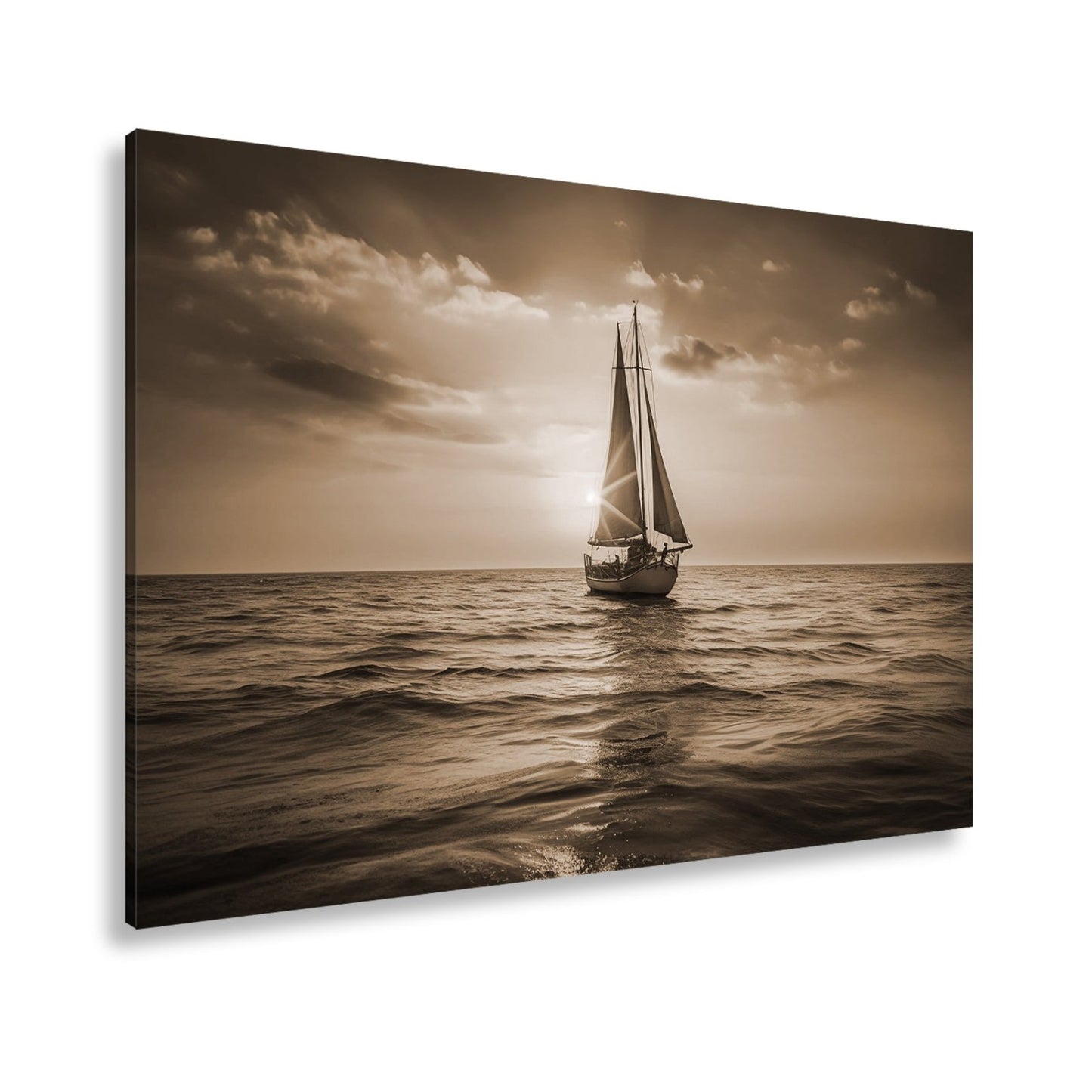 Leinwandbild Goldene Wellen tragen das Boot ins Licht des Abends. - deyoli
