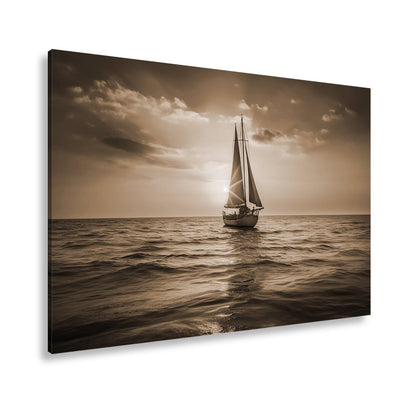 Leinwandbild Goldene Wellen tragen das Boot ins Licht des Abends. - deyoli