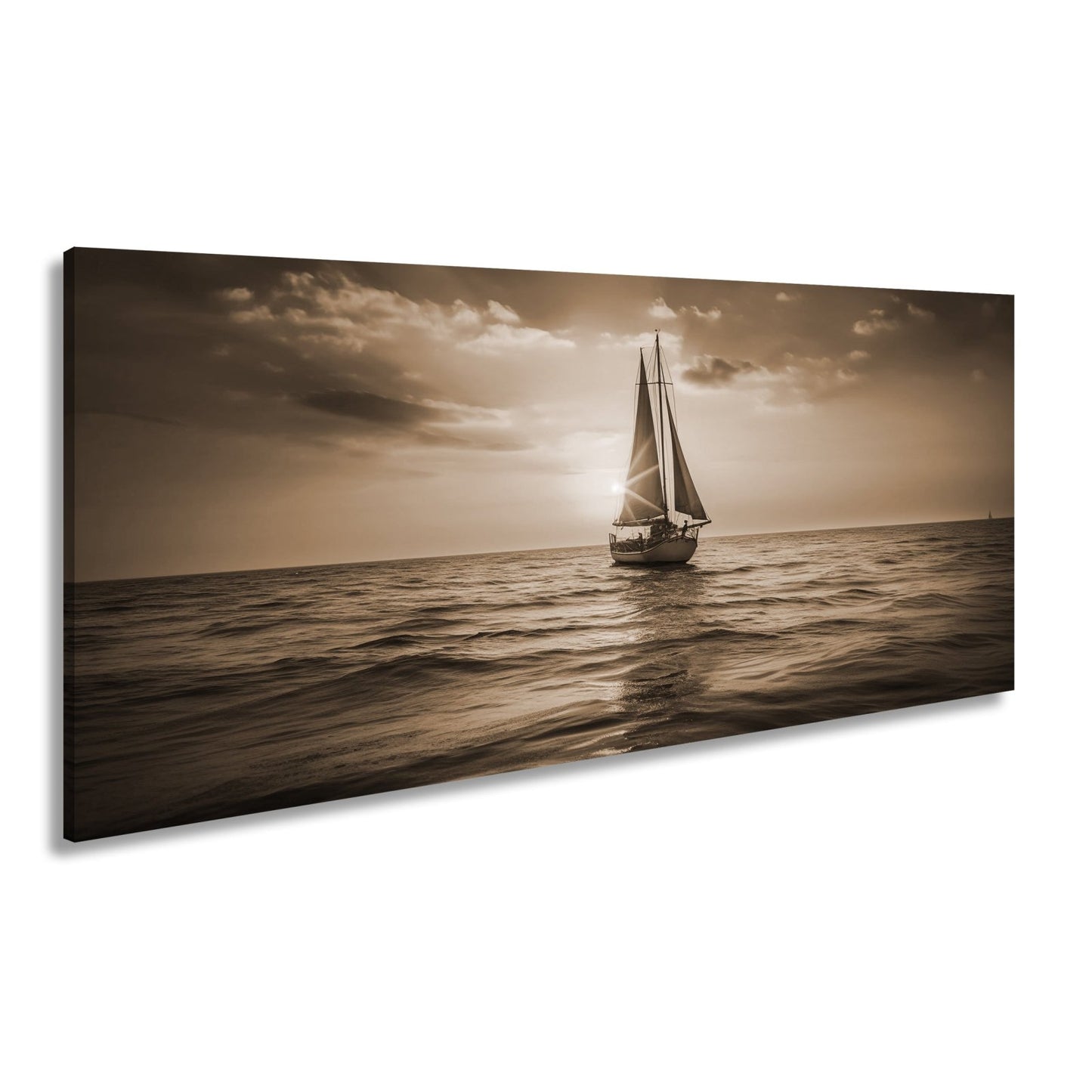 Leinwandbild Goldene Wellen tragen das Boot ins Licht des Abends. - deyoli