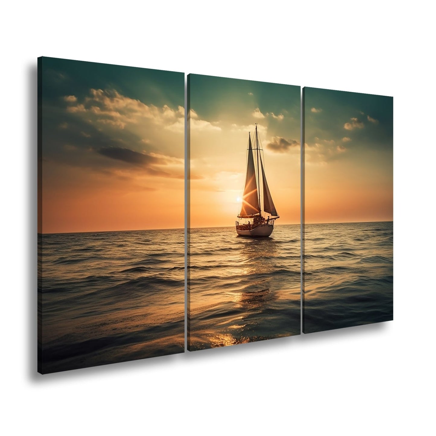 Leinwandbild Goldene Wellen tragen das Boot ins Licht des Abends. - deyoli