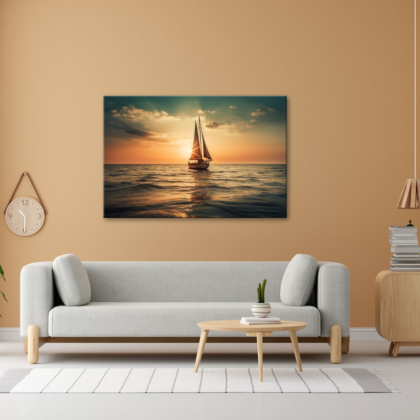 Leinwandbild Goldene Wellen tragen das Boot ins Licht des Abends. - deyoli