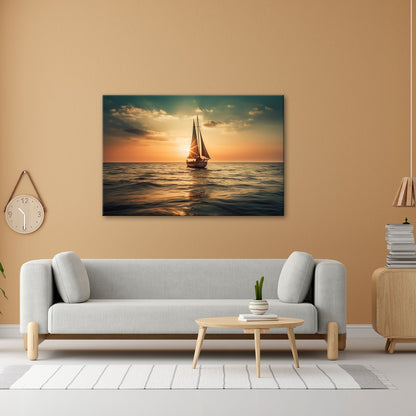 Leinwandbild Goldene Wellen tragen das Boot ins Licht des Abends. - deyoli