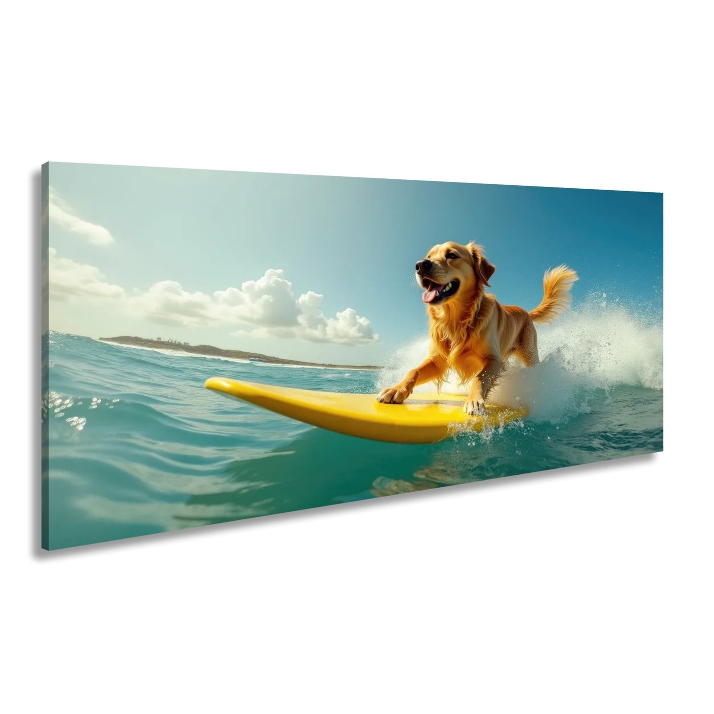 Leinwandbild Goldener Surferhund jagt Wellen im strahlenden Sonnenlicht - deyoli