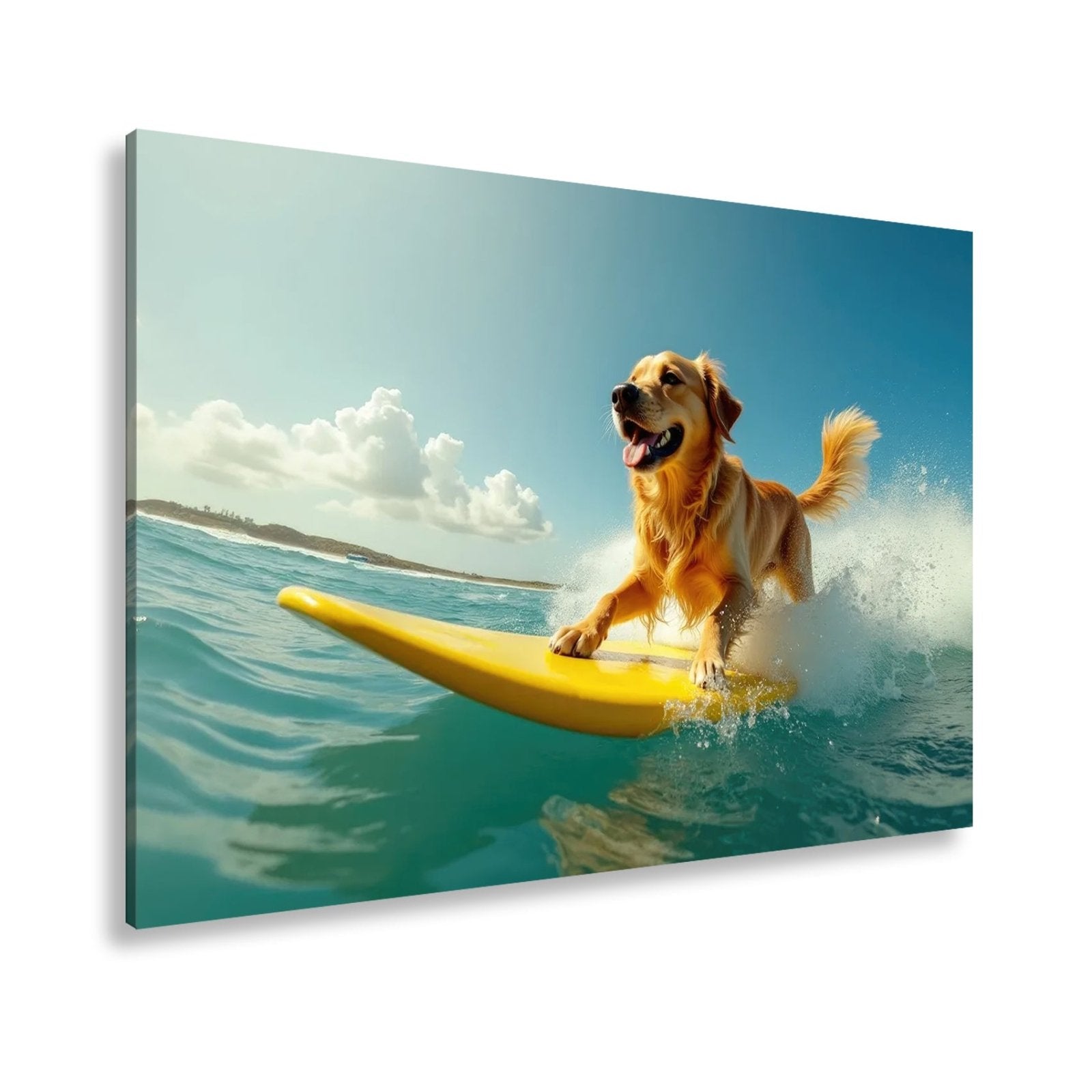 Leinwandbild Goldener Surferhund jagt Wellen im strahlenden Sonnenlicht - deyoli