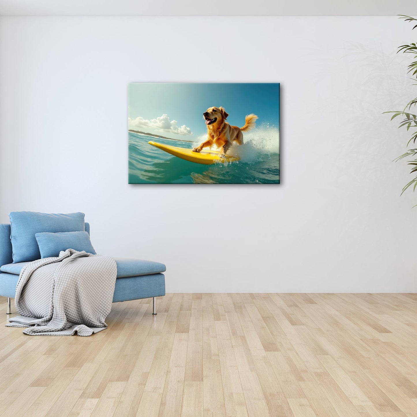 Leinwandbild Goldener Surferhund jagt Wellen im strahlenden Sonnenlicht - deyoli