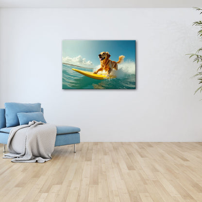 Leinwandbild Goldener Surferhund jagt Wellen im strahlenden Sonnenlicht - deyoli